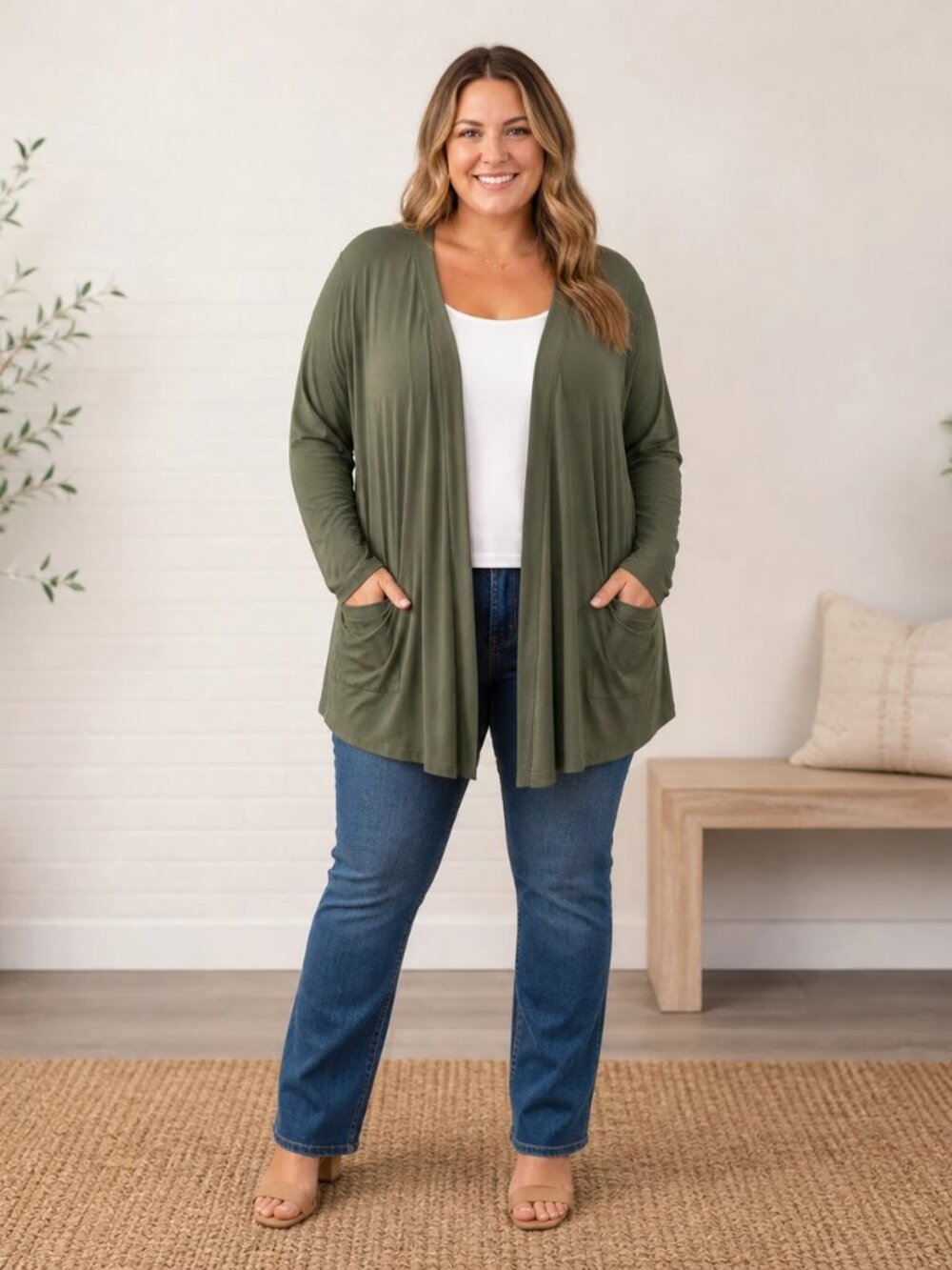 Modern Soul Olive Drape Cardigan XL Lagenlook Stretch Pocket Comfort Layer